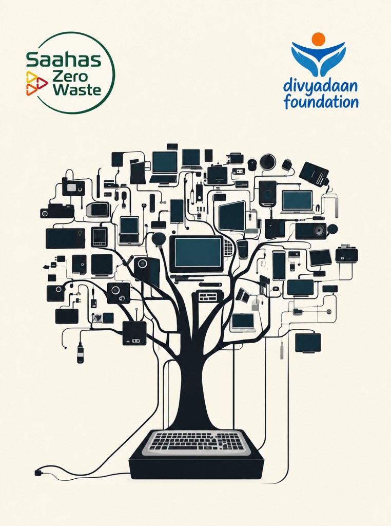 Divyadaan notebook cover — e-waste tree design with Saahas Zero Waste